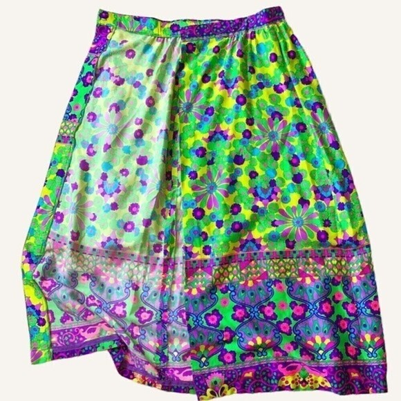 Vintage 70s Alex Colman Psychedelic Floral Maxi Wrap Skirt Neon Boho Small - Picture 9 of 16
